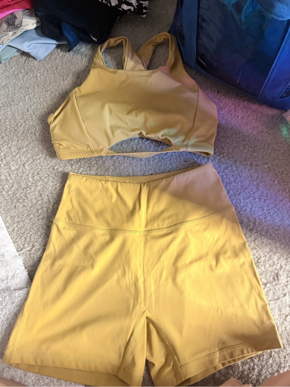 Alphalete Yellow High-Rise Athletic Shorts with Matching Sports Bra